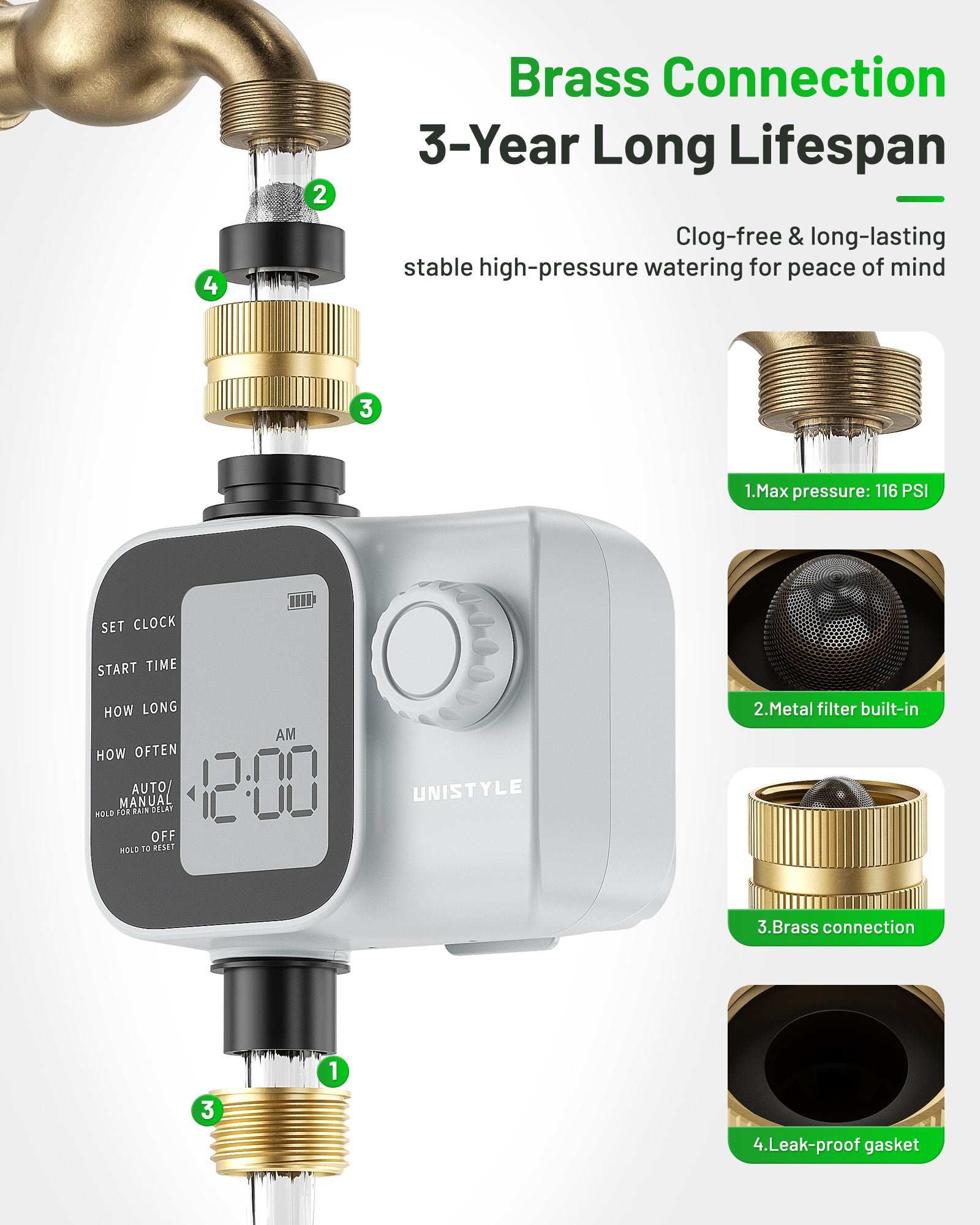[2026 Upgrade] Sprinkler Timer with Brass Inlets & Outlets, Unistyle Programmable Water Timer for Garden Hose, IP55 Waterproof Hose Timers with Manual Irrigation Timers for Yard and Lawn Patio